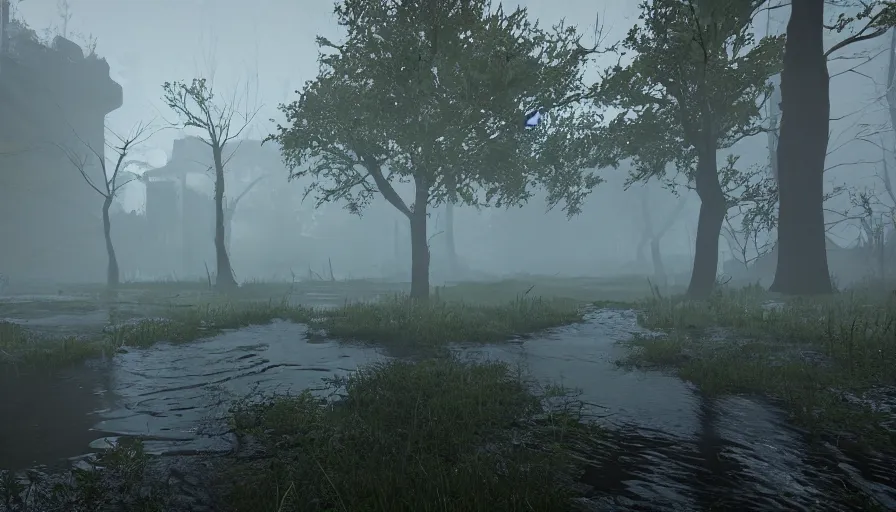 Image similar to dark, misty, foggy, dank, green, muddy, bog, marsh, flooded chicago city street swamp in destiny 2, liminal creepy, dark, dystopian, abandoned, highly detailed 4 k in - game destiny 2 screenshot gameplay showcase