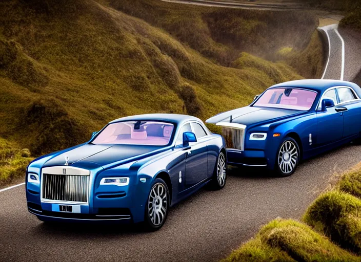 Image similar to hyper realistic ultra realistic photograph of a rolls royce fleet driving off a cliff, wide angle, highly detailed, 8k photograph