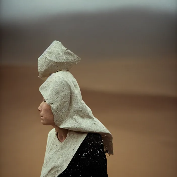 Prompt: closeup portrait of a woman with a hood made of paper and sprinkles, standing in a desolate apocalyptic landscape, by Annie Leibovitz and Steve McCurry, natural light, detailed face, CANON Eos C300, ƒ1.8, 35mm, 8K, medium-format print