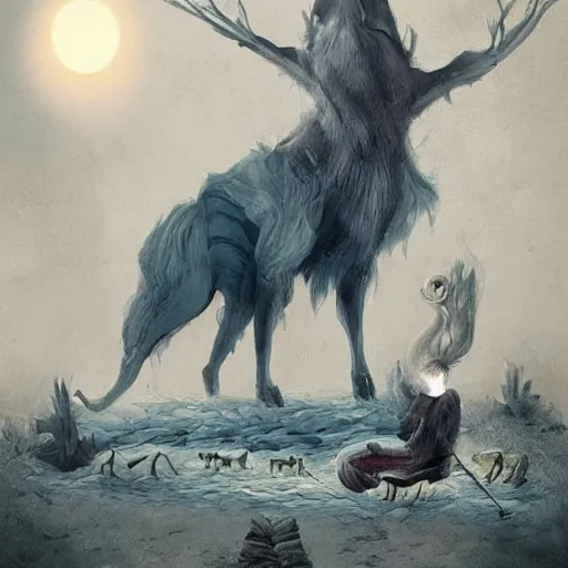 Image similar to strange mythical beasts of sitting around a fire under a full moon, surreal dark uncanny painting by ronny khalil