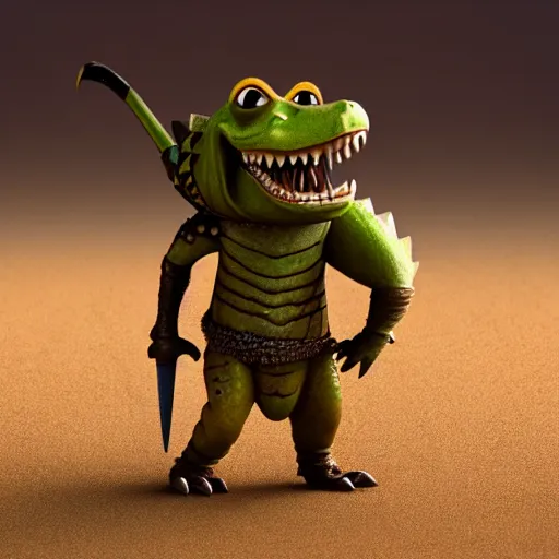 Image similar to antropomorphic medieval knight crocodile warrior as nendoroid walking in a desert in the croods movie style, anime, disney, pixar, 8 k, hd, dof, kodak film, volumetric lighting, subsurface scattering, photorealistic, octane render, details