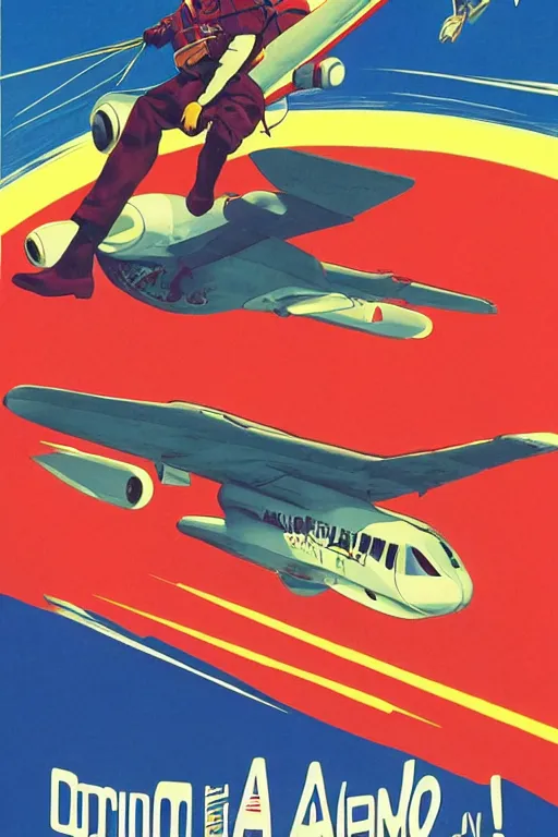 Image similar to a poster of a man riding a plane in the air, poster art by otomo katsuhiro, pixiv, retrofuturism, official art, reimagined by industrial light and magic, poster art