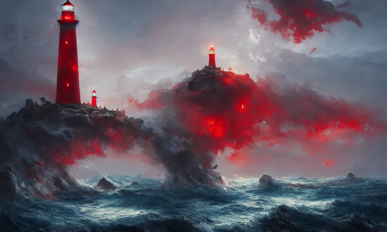 Prompt: a beautiful painting of a lighthouse shining it's light across a violent tumultuous sea of red blood by John Blanche and Greg Rutkowski, trending on Artstation, midjourney