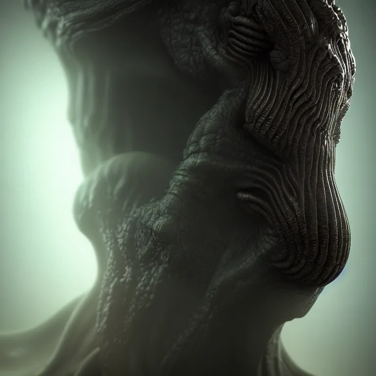 Prompt: closeup portrait of ribbed alien kissing prehistoric human, lucid dream - like heavy atmosphere, baroque painting, harsh flash photo, perfect composition, detailed octane render trending on artstation, 8 k artistic photography, volumetric cinematic perfect light, chiaroscuro, masterpiece, raphael, caravaggio, beksinski, rutkowski, beeple