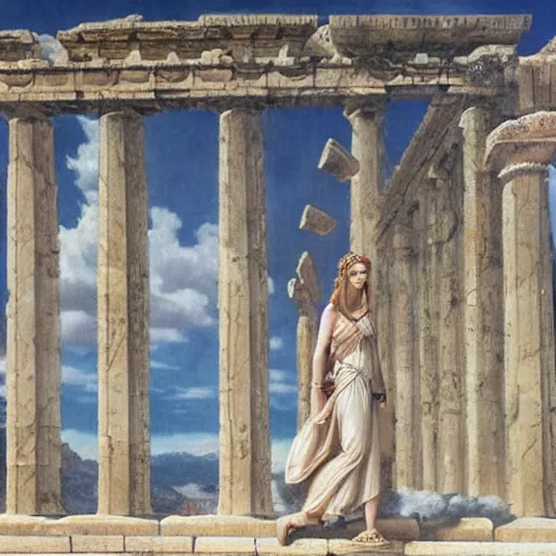 Image similar to young ancient greek godess in helmet, ancient greek temple, by David Ligare, wide angle scifi landscape, hyperrealistic surrealism, award winning masterpiece with incredible details, epic stunning, infinity pool, a surreal vaporwave liminal space, highly detailed, trending on ArtStation, artgerm and greg rutkowski and alphonse mucha, daily deviation, IAMAG, broken giant marble head statue ruins, golden hour