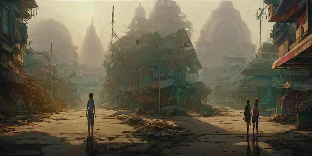 Prompt: a wholesome animation key shot of a post apocalyptic city with hindu kovil urban landscape, covered by nature hipster vibes by studio ghibli, animation, sharp, rendered in unreal engine 5, focused, anime key art by greg rutkowski, bloom, dramatic lighting