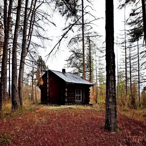 Image similar to an eerie cabin in the middle of the woods,