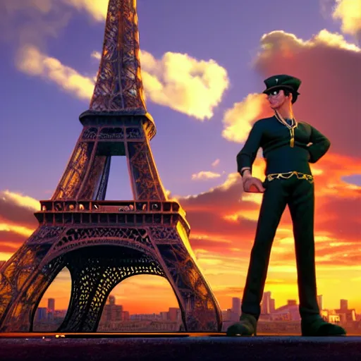 Prompt: a 3 d render of jotaro kujo next to the eiffel tower, hyper - detailed, unreal engine 5, beautiful, the sun is rising, ultra - realistic