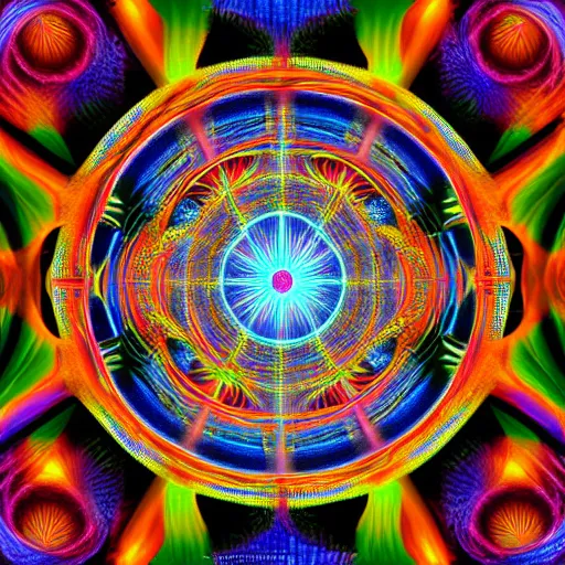 Image similar to hallucionational imaginery spirits, gaia, jesus, shaman mystic fractal visions, symmetrical, in the style of pablo amaringo, alex grey, psychedelic, beautiful, imaginative, octane render