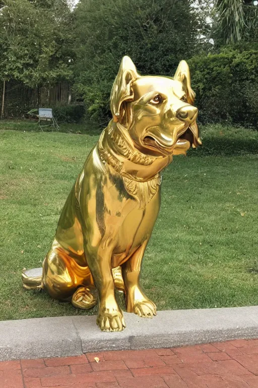 Image similar to a huge golden statue of a dog smiling, photography