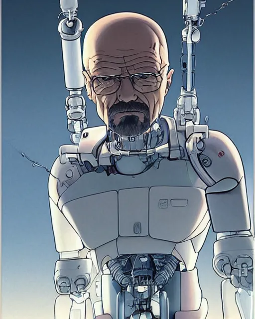 Image similar to portrait of walter white as a robot, cybernetic enhancements, art by makoto shinkai and alan bean, yukito kishiro