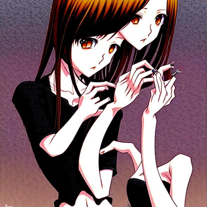 Image similar to girl with morbid thoughts wearing a black spring dress with short brown hair, queen of sharp needles and under the effect of euphoria, by Range Murata, Katsuhiro Otomo, Yoshitaka Amano.