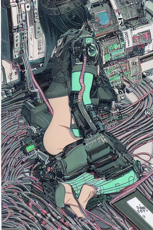 Prompt: an hyper-detailed cyberpunk illustration of a female android seated on the floor in a tech labor, seen from the side with her body open showing cables and wires coming out, by masamune shirow, and katsuhiro otomos, japan, 1980s, centered, colorful