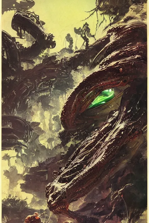 Image similar to huge slimy salamander attacks, dynamic action on alien planet, by norman rockwell, jack kirby, jon berkey, earle bergey, craig mullins, ruan jia, jeremy mann, tom lovell, marvel, astounding stories, 5 0 s pulp illustration, scifi, fantasy