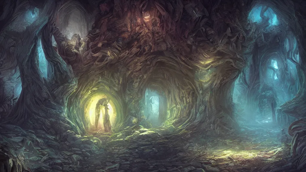 Prompt: old gods in the depths of Stump House Tunnel, dreamscape, dramatic lighting, fantasy art illustration, trending on artstation, Aetherpunk