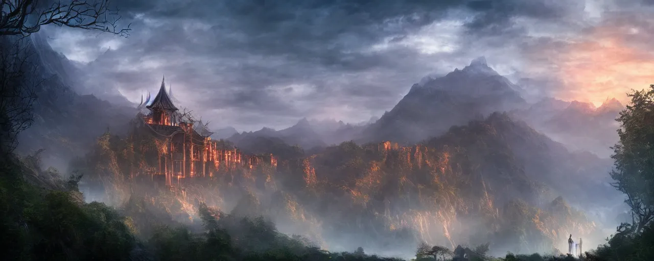 Prompt: epic photo of rivendell in the style of the tv series arcane, hyper detailed, moody, sunrise, cinematic lighting