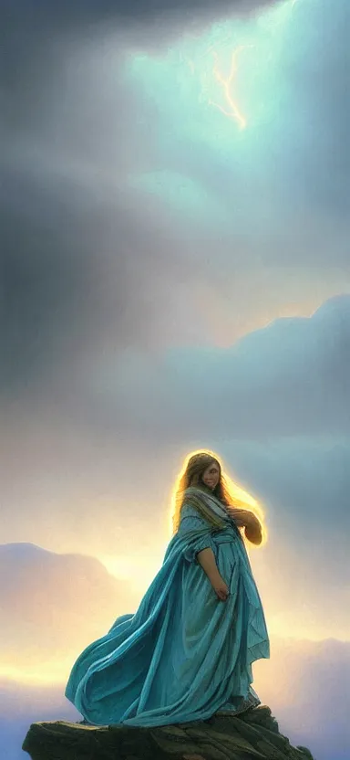 Image similar to angel, big wings, hudson river school, low key light, full plate armor with cloth, f 1 6, bokeh, extreme close up portrait, gentle, female, snowy mountain, storm clouds, god rays, landscape, d & d, fantasy, elegant, teal pink white gold color palette, concept art, artgerm and greg rutkowski and alphonse mucha