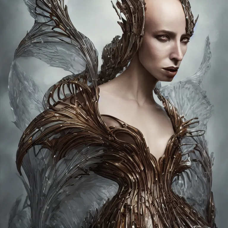 Prompt: beautiful cinematic fantasy character concept of an elegant fierce woman wearing haute couture by iris van herpen and Yohji Yamamoto and Neri Oxmanand Niccolo Casas and anouk wipprecht and behnaz farahi and jessica rosenkrantz and noa raviv and jun kamei , hybrid, by artgerm; wayne reynolds art station; cinematic quality character render; low angle; ultra high quality model; production quality cinema model;