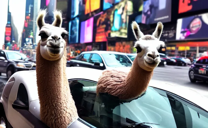 Prompt: a old photo of llama sitting in a car, looking out of the window and his hair is flying in the wind, riding through times square 8 k