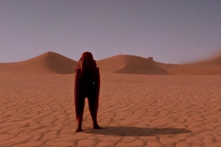 Prompt: dune, spacing guild, portrait, red mist, arrakis in the background, sci-fi, Denis Villeneuve, cinestill colour, anamorphic