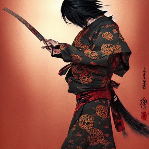 Prompt: an epic portrait of insane kabuki male wielding a spear, magical aura of insanity, intricate hakama, poofy red wig, eerie, highly detailed, dark fantasy, art by artgerm and greg rutkowski