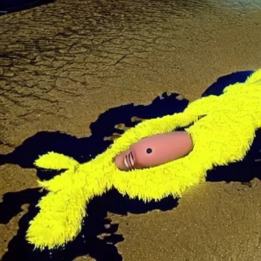 Image similar to cnn news footage of big bird being washed up on shore, view from above, tv