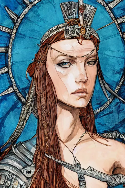 Image similar to boudica the barbarian queen, in a mixed style of Botticelli and Æon Flux, inspired by pre-raphaelite paintings and shoujo manga, a battlefield in the background, hyper detailed, stunning inking lines, stunning gradient colors, 4K photorealistic