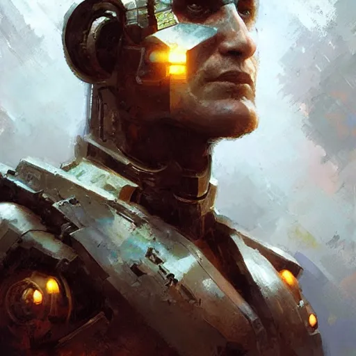 Prompt: heroic (man) cyborg, sci fi portrait by craig mullins