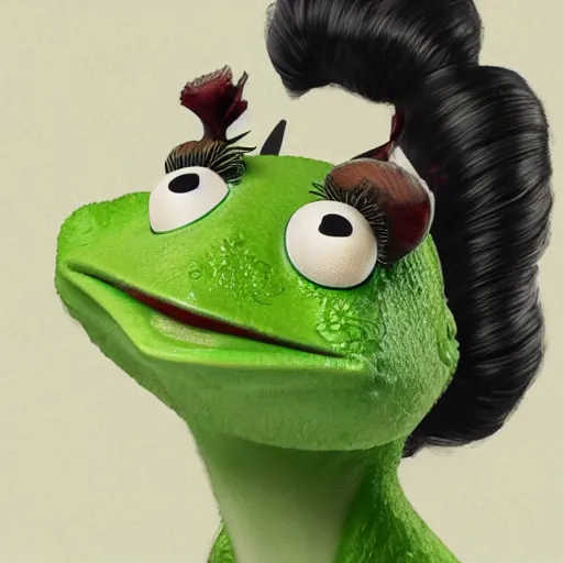 Image similar to organic seductive Geisha Kermit the Frog from Sesame Street, pearlescent skin, diffuse lighting, fantasy, intricate, elegant pose, highly detailed, lifelike, photorealistic, digital painting, artstation, illustration, concept art, different full body view, smooth, sharp focus, art by John Collier and Albert Aublet and Leonardo da vinci and Krenz Cushart and Artem Demura and Alphonse Mucha