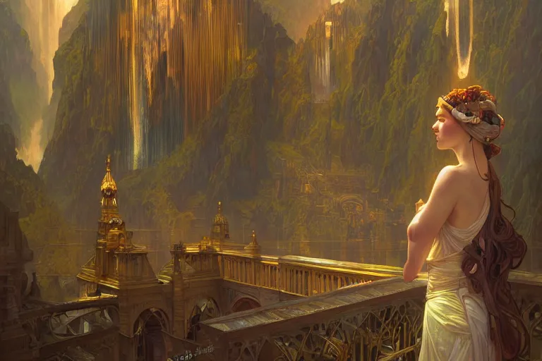 Prompt: backdrop of a high tech religious room with distant waterfalls and art deco statues, intricate digital painting artstation concept art smooth sharp focus illustration, art by artgerm and paul chadeisson and greg rutkowski and alphonse mucha