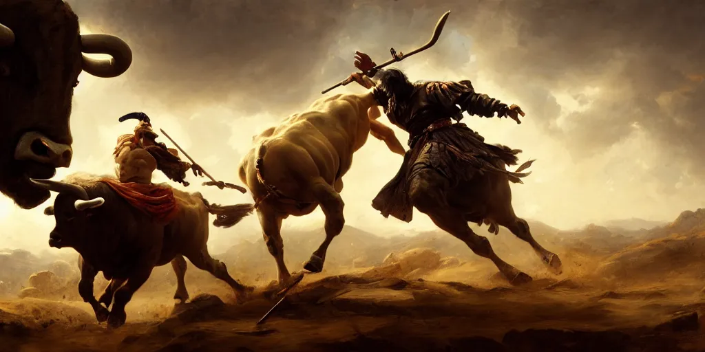 Prompt: don quixote fighting a bull, greek mythology, extremely detailed digital painting, in the style of goya and ruan jia and jeremy lipking and peter mohrbacher, mystical colors, rim light, beautiful lighting, 4 k, stunning scene, raytracing, octane, trending on artstation