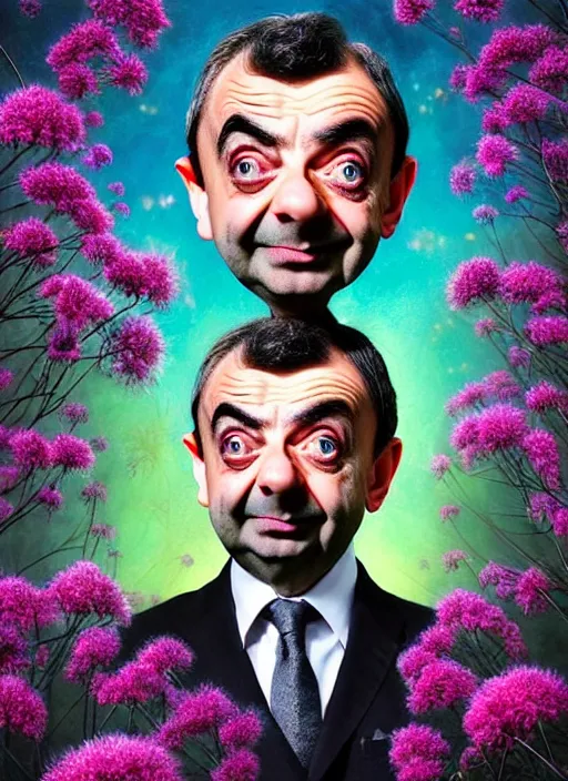 Image similar to hyper detailed 3d render like a Oil painting muted colors - slightly silly portrait of Rowan Atkinson cross eyed as Mr. Bean in Aurora seen tickling of the Strangling network of yellowcake aerochrome and milky Fruit and Her delicate Hands hold of gossamer polyp blossoms bring iridescent fungal flowers whose spores black the foolish stars by Jacek Yerka, Mariusz Lewandowski, Houdini algorithmic generative render, Abstract brush strokes, Masterpiece, Edward Hopper and James Gilleard, Zdzislaw Beksinski, Nicoletta Ceccoli, Wolfgang Lettl, hints of Yayoi Kasuma, octane render, 8k