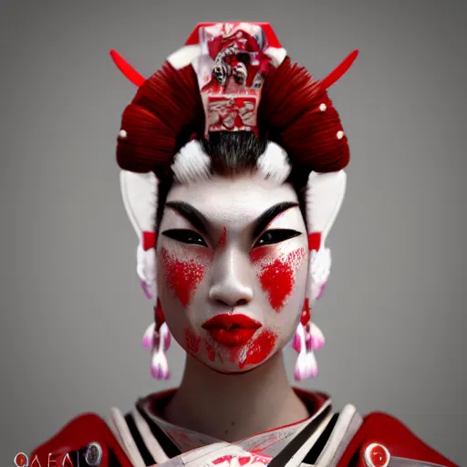 Image similar to geisha warrior ornated armor war paint, detailed, jewelry, sakura,photograph, award wining, red and white, trending on artstation, 4k, unreal engine 5, octane render, neon highlights