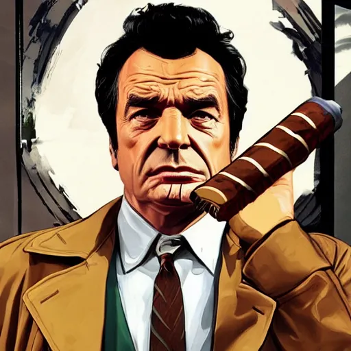 Image similar to GTAV cover art of Columbo holding a cigar