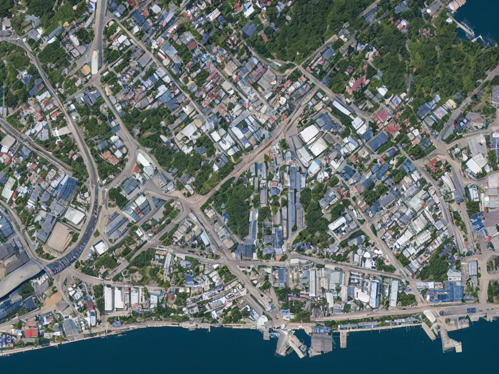 Image similar to satellite imagery of a small city with shops, shipping dock, and beach to the south. a bridge crosses a big lake, with a town hall, marketplace, and towers to the north. there is a field in the middle of the city. small hills and woods north of the city