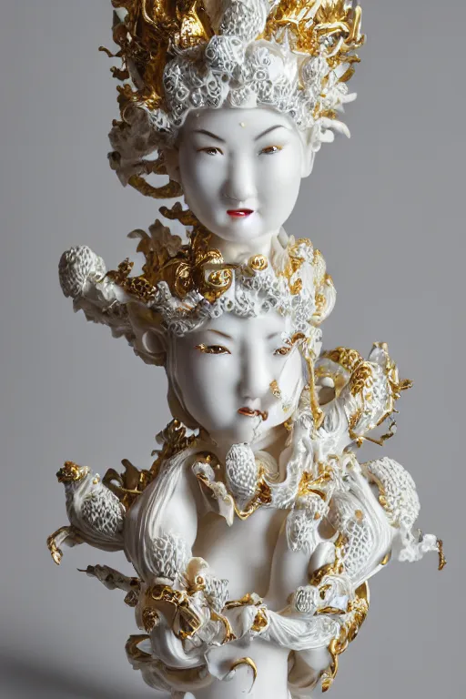 Image similar to full head and shoulders, beautiful female white, porcelain sculpture, with ornate willow china pattern, lots of ornate gold leaf 3 d japanese dragons attached to head by daniel arsham and james jean, on a white background, delicate facial features, white eyes, white lashes,