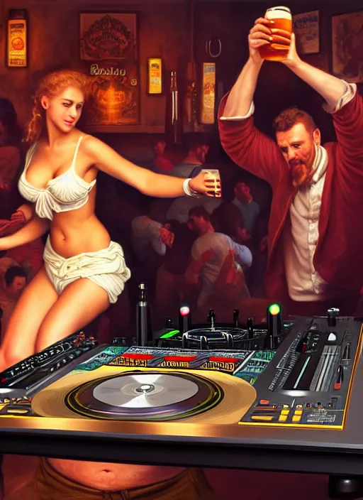 Image similar to image of large pint of beer and large technics dj table front of picture, in the backround man and a woman very drunk and dancing from octoberfest, dark backround, highly detailed, digital illustration, trending in artstation, modern painting, smooth, sharp focus, intricate, einar jonsson and bouguereau