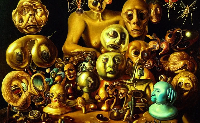 Image similar to the weirdest image ever disturbing colorful oil painting dutch golden age vanitas still life with bizarre recursive humanoid faces strange beautiful curvy women metal objects shiny gooey surfaces shiny metal bizarre insects rachel ruysch dali todd schorr very detailed perfect composition rule of thirds masterpiece canon 5 0 mm, cinematic lighting, chiaroscuro