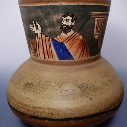 Image similar to a beautiful ancient greek amphora geometric art copy museum ceramic pottery vase depicting stalin waving