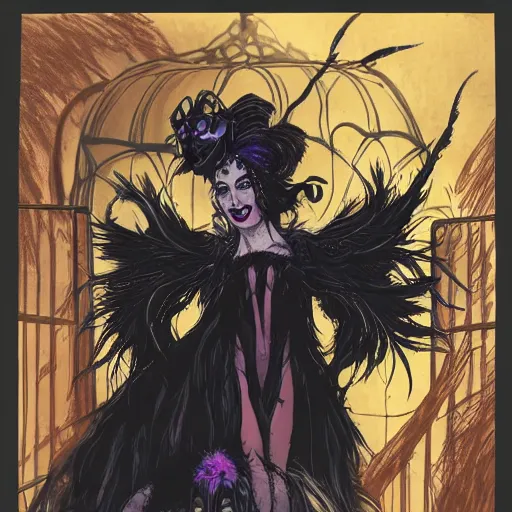 Prompt: Anna Pavlova as dark fae gothic atompunk evil Disney villain queen with black feather hair, feathers growing out of skin, in front of space station window, Mike mignola, trending on artstation, comic book cover, illustration