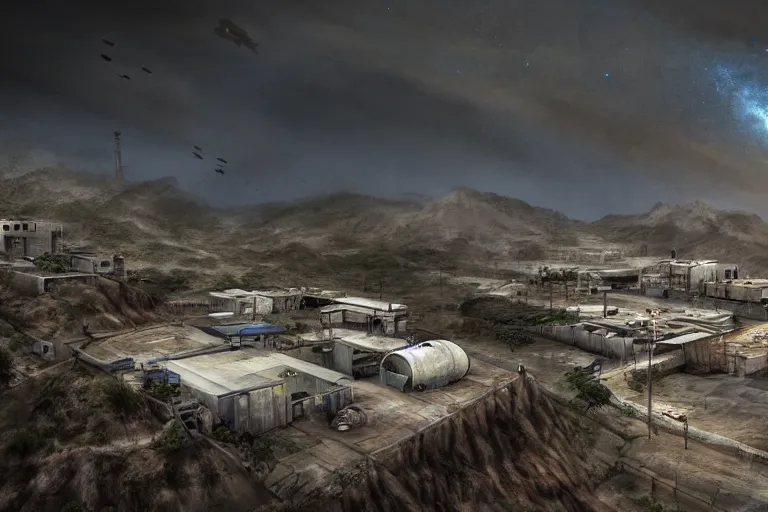 Image similar to favela hospital hangar bunker, desert environment, industrial factory, cliffs, gloomy, milky way, award winning art, epic dreamlike fantasy landscape, ultra realistic,