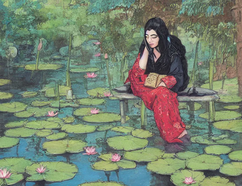 Prompt: fully clothed bard sitting next to the the lotus pond. this heavily stylized oil painting by the award - winning comic artist has interesting color contrasts, plenty of details and impeccable lighting.