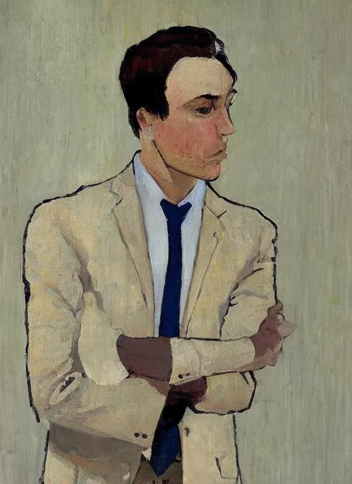 Image similar to a painted portrait of a well dressed man, art by felice casorati, aesthetically pleasing and harmonious natural colors, expressionism, natural light, fine day, portrait