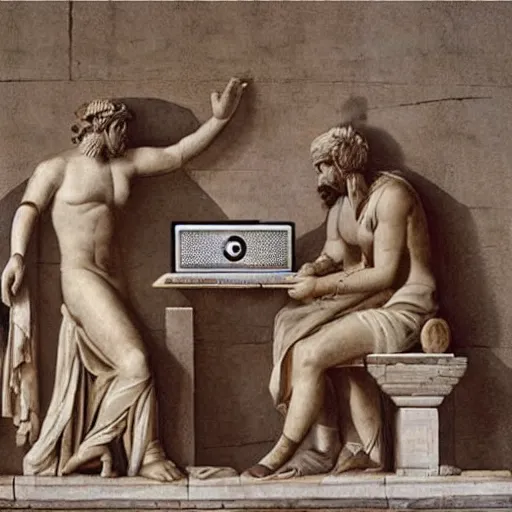 Prompt: ancient greeks building a computer