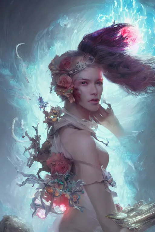 Image similar to beautiful girl necromancer, mage, witch - doctor exploding into flowers, angels, demons, 3 d render, hyper - realistic detailed portrait, holding fire and electricity, ruan jia, wlop. scifi, fantasy, magic the gathering, hyper detailed, octane render, concept art, peter mohrbacher