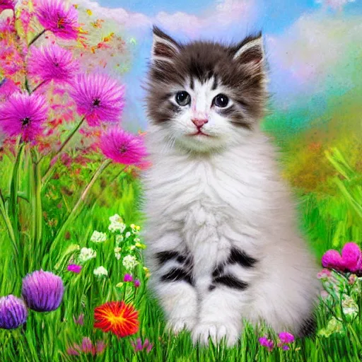 Image similar to cute fluffy kitten sitting in meadow of flowers landscape detailed painting 4 k