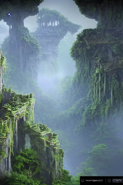 Image similar to ancient fractal temple megastructure in the hanging gardens of a radiant forest jungle, overgrown garden, scanned earth terrain fractal bridges, highly detailed erosion algorithm landscape, by albert bierdstat, by glenn small, high resolution, 8 k photorealism, god rays in volumes of fog, looking up perspective, unreal engine, octane render, realistic render