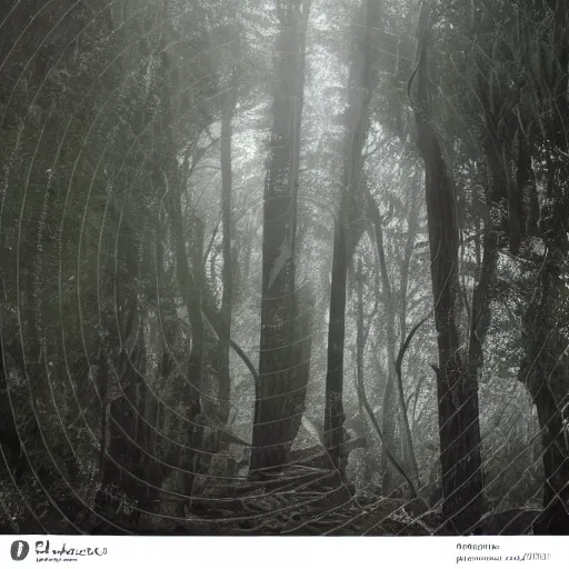 Image similar to creepy spiral stairway in middle of forest, spiral stairs leading to nowhere!, dark foggy misty colors!, dark forest from evil realm