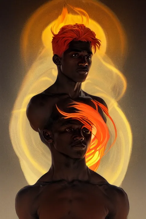 Image similar to portrait of a beautiful young fit male spirit with fire hairs and coal black skin, fire halo, by greg rutkowski and alphonse mucha, d & d character, gradient red to yellow, in front of a desert background, highly detailed portrait, digital painting, artstation, concept art, smooth, sharp focus ilustration, artstation hq