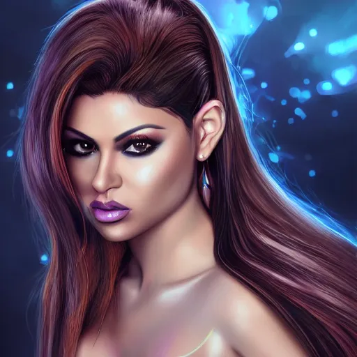 Image similar to portait of haifa wehbe, concept art, long hair centred, hd, very detailed curve, digital painting, unreal engine, amazing background